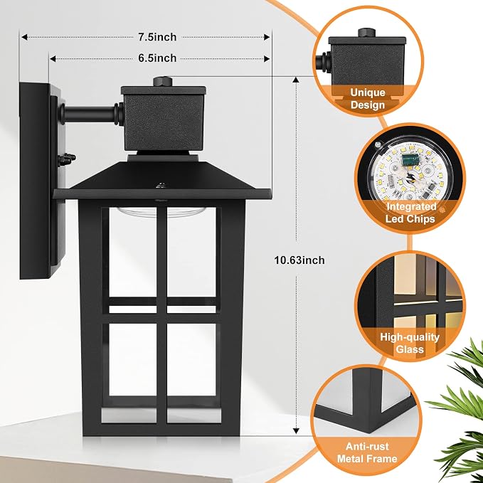 Brightever LED Outdoor Wall Lights, 10W 3000K/4000K/6500K Selectable, 800LM High Brightness Black Exterior Light Fixture with Clear Glass Shade, Waterproof Outdoor Wall Lanterns for Patio, 1 Pack