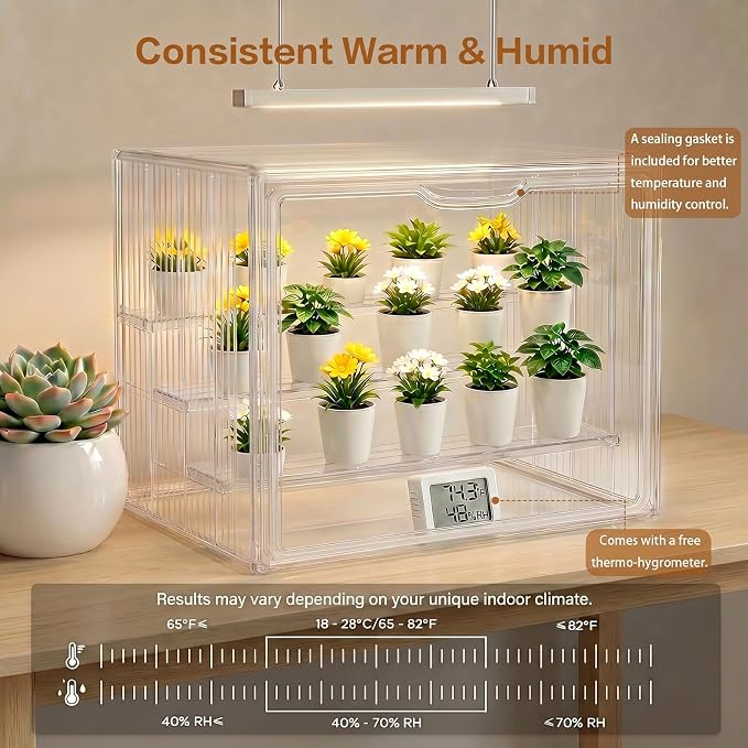 Mini Greenhouse Indoor Clear, Small Portable Tabletop Greenhouse with Indoor Greenhouse Door Thermometer and Hygrometer for Seed Starting, Plant Cabinet Grow Warmer and Home Gardening Display