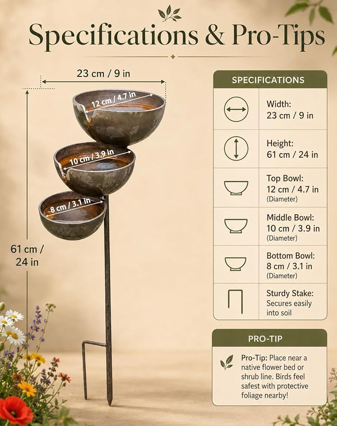 Rain Catcher Bird Bath & Multi-Tiered Water Feature, Rustic Metal Garden Stake, Safe Shallow Bee-Friendly Hydration Bowls, Weather-Resistant Outdoor Bird Bath for Yards, Lawns, Gardens，Copper