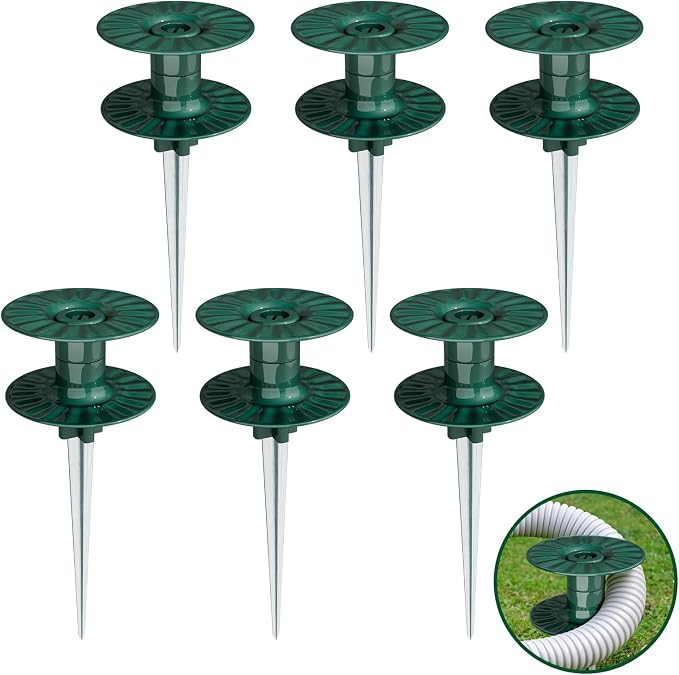 Zapdos 6PCS 10 Inch Heavy Duty Outdoor Yard Garden Hose Guides, Dark Green Metal Stakes with Rotatable Spin Top, Durable Hose Spikes Keep Water Hose Away from Flower Beds & Lawn Plants