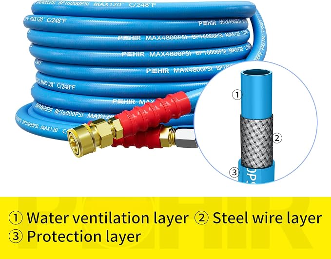 POHIR 25ft Pressure Washer Hose 3/8" 4800 PSI, No Marking Kink Free Hose with Quick Connect Ends and Adapters for Hot & Cold Water up to 248°F, Steel Wire Braided Hose for Power Washing