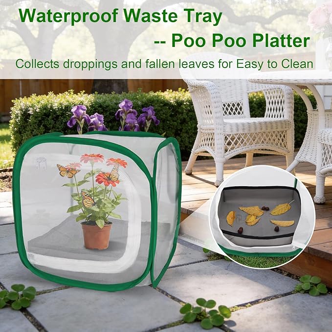 Butterfly Habitat Cage 12" x 12" x 12", Pop-up Butterfly & Insect Habitat Enclosure with Poop Tray for Easy to Clean, Small Foldable & Reusable Caterpillars Mesh Cage Terrarium for Indoor Use.