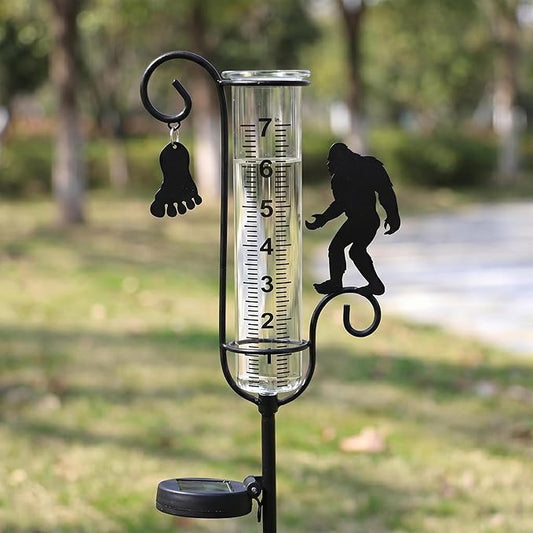 Bigfoot Rain Gauge with Solar LED Lights & Pinecone Pendants – Outdoor Decorative for Garden, Yard, Patio