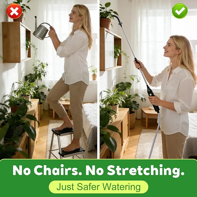 Electric High Reach Plant Waterer - Type C Wireless Hanging Plant Waterer, Battery Powered Sprayer Wand with Stainless Steel Telescopic (30.6"-44.2"), Indoor Watering Devices