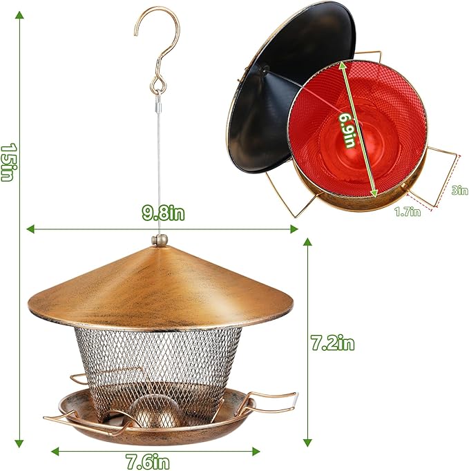 Metal Bird Feeder for Outdoor Hanging, Heavy Duty Waterproof Bird Feeder for Outside with 9.8" Roof, 3.5 LBs Seeds Capacity, Easy to Fill & Clean
