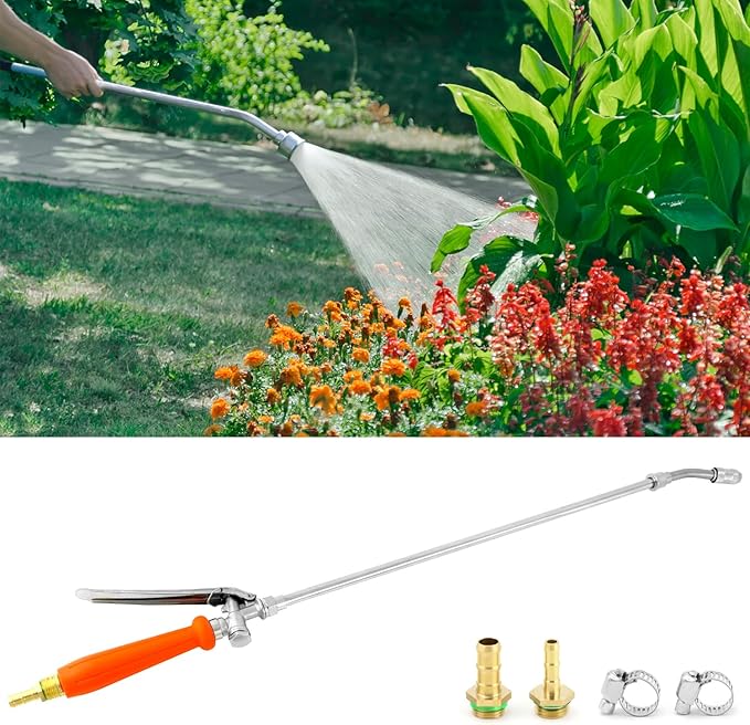 QWORK 2Pcs All Metal Replacement Sprayer Wand Kit - 29 Inch, Adjustable Nozzle, Brass Barbs Match 3/8'' & 1/4'' Hoses, Universal Sprayer Wand with Shut off Valve & 2 Hose Clamps