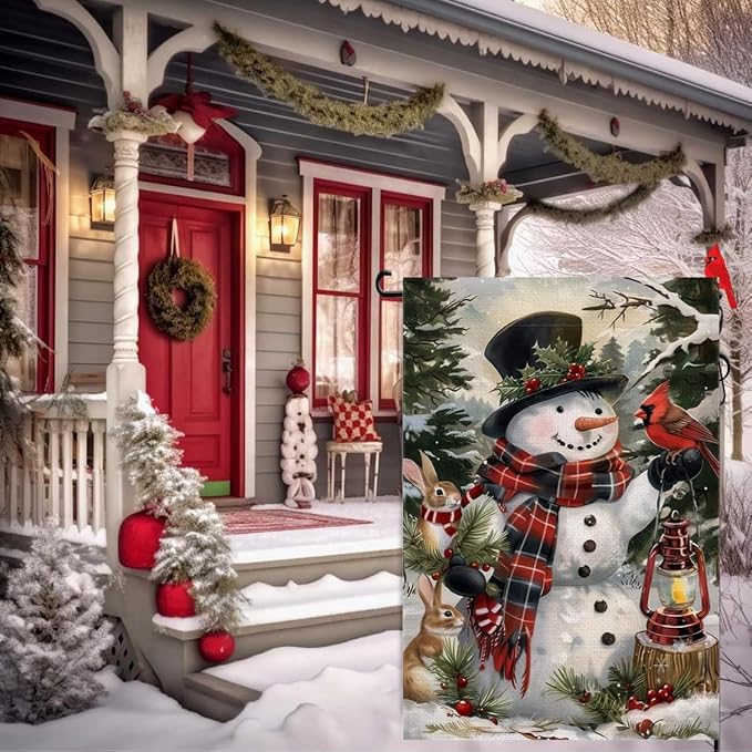 Winter Garden Flag 12x18 Double Sided, Burlap Holiday Farmhouse Snowman Garden Flags Winter Xmas Outdoor Decorations, Small Decorative Christmas Yard Flags for Outside Lawn Porch Decor