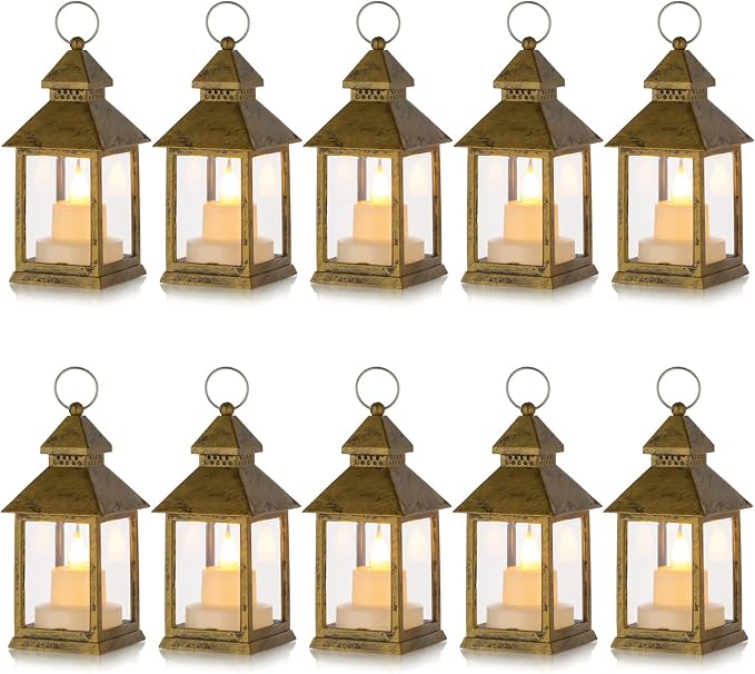 Romadedi Mini Lanterns Decorative for Centerpiece -10 PCS Hanging Small Gold Lantern Bulk with Flickering LED Candles for Wedding Table Decor Halloween Decorations Christmas, Batteries Included