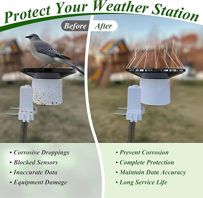Bird Spikes Compatible with Ambient Weather WS5000, Adjustable Weather Station Bird Spike Kit with Stainless Steel Locking Ties & Wires for Rain Gauge Funnel Protection, Black