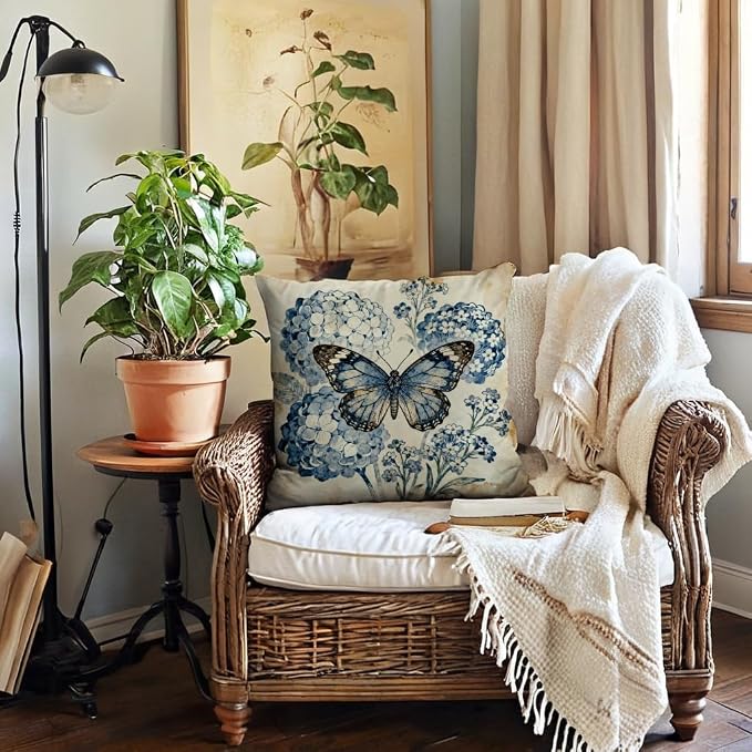 Vintage Floral Animals Pillow Covers 18x18 Inch 4 Pack, Butterfly Bird Bee Dragonfly Rustic Cottagecore Cushion Cases, Farmhouse Retro Flower Home Decor Pillow Cases for Sofa Bedroom Decor (Navy Blue)