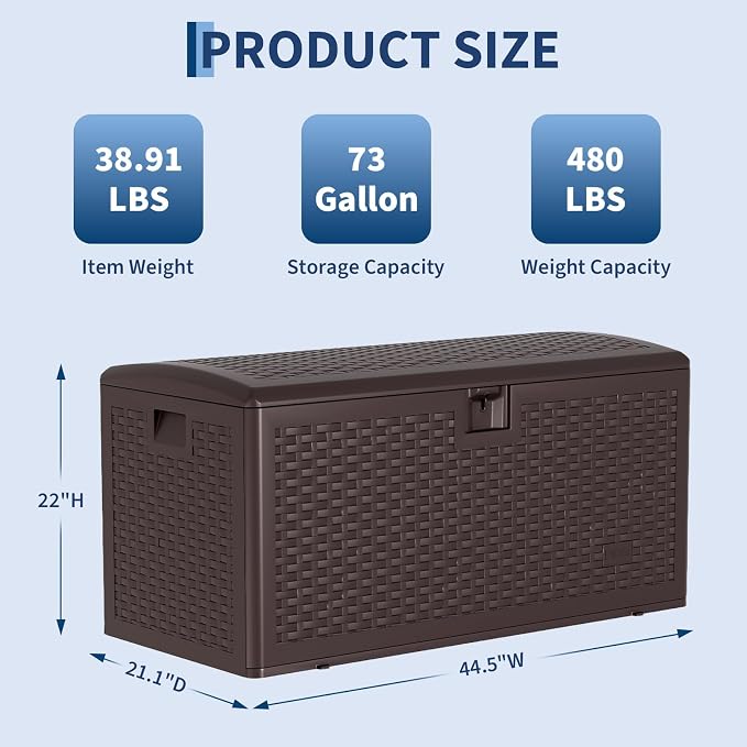 Outdoor Storage Box, 73 Gallon Large Resin Deck Box with Lid, Waterproof & UV-Resistant for Furniture, Outdoor Cushion Storage, Garden Tools & Pool Accessories Storage, Black