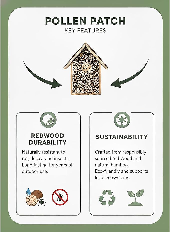 Redwood Mason Bee House - Solitary Bee Hotel & Wooden Pollinator House | Leafcutter Bee Hive with Easy-Hang Jute Rope | Weatherproof Insect Hotel & Outdoor Garden Decor for Pollinators