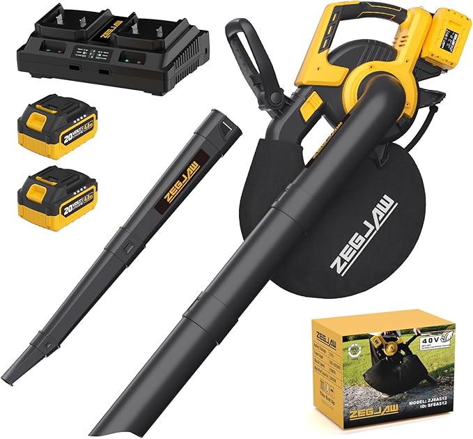 ZEGJAW 40V Cordless Leaf Blower & Vacuum, 3-in-1 Leaf Vacuum Mulcher with Bag, 360CFM 5-Speeds Brushless Battery Operated Leaf Blower for Lawn Care with 2 x 4.0Ah Battery & Charger Included