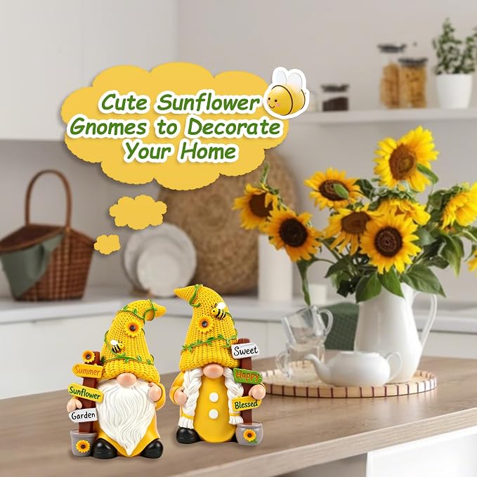 Sunflower Gnome Garden Decorations 2 PCS Resin Summer Figurines Cute Indoor Collectible Statue Outdoor Ornament for Table