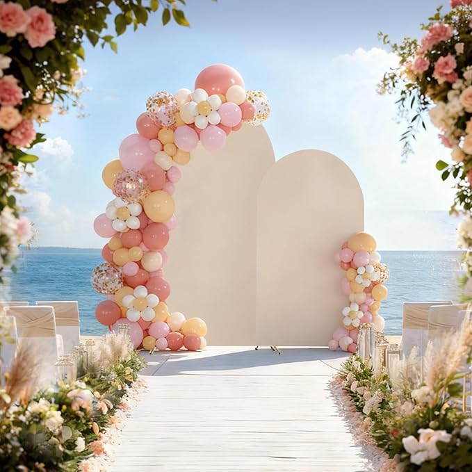 SuuWoee Arch Backdrop Stand Set of 2 With Beige Cover (7.2FT+6FT),Gold Metal Wedding Arch Balloon Stand With Cover for Birthday Party Baby Shower Graduation Ceremony Decoration