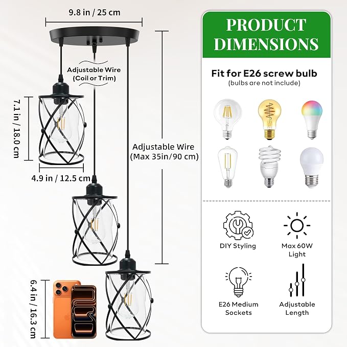 3 Light Pendant Lighting, Farmhouse Hanging Light Fixture for Kitchen Island & Dining Room, Industrial Vintage Ceiling Lamp with E26 Base, Adjustable Height, Matte Black with Glass Shades