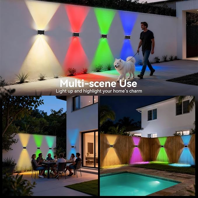 TECKNET Solar Fence Lights 12 Pack, 8 Modes RGB Color Changing, 200°Wide Lighting & Up Down Lights, IP66 Waterproof Dual-Lens LED Decorative Lights for Wall/Garden/Fence/Patio/Backyard