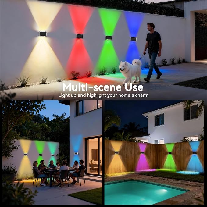 TECKNET Solar Fence Lights 2 Pack, 8 Modes RGB Color Changing, Up Down Lights & 200°Wide Lighting, IP66 Waterproof Dual-Lens LED Decorative Lights for Wall/Garden/Fence/Patio/Backyard