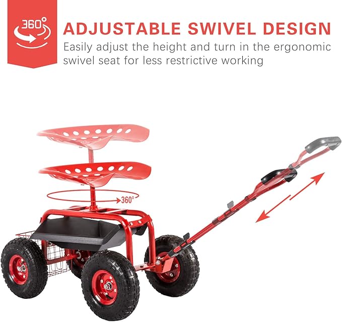 Garden Cart Rolling Work Seat 4-Wheel Mobile Patio Wagon Scooter for Planting, Adjustable Handle 360 Degree Swivel Seat, Red