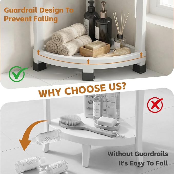 GallopFun Corner Shower Stool for Inside Shower, Waterproof Shower Bench for Shaving Legs, Plastic Anti-Fracture Shower Seat/Foot Rest with Baffle Storage Shelf, Rapid Assembly DIY Shelf (White)