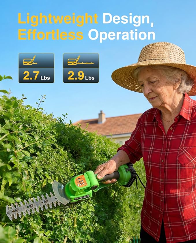 TaskStar 2-in-1 Hedge Trimmer Cordless: 20V Electric Bush Trimmer & Grass Shears - 2 PCS Rechargeable Battery, SK5 Blade, Rotating Handle, Lightweight Shrub Grass Clippers for Garden Yard Lawn