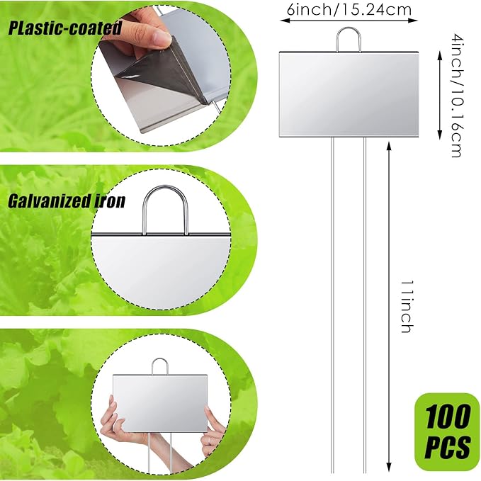 Landhoow 100 Pcs Large Garden Plant Markers Metal Plant Labels Sign 6'' x 4'' with 11'' Stake Weatherproof Waterproof Garden Sign for Outdoor Seedlings Herbs Vegetable Greenhouse, Silver