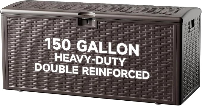 Deck Box, Lockable & Waterproof Resin, UV Resistant Storage Box for Patio, Garden, Pool (Dark Brown, 150 Gallon)