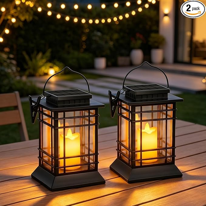 Brightever 2-Pack Hanging Solar Lanterns Outdoor Waterproof, Lanterns Decorative Outdoor with LED Flameless Candle, Dual Modes (Flicker & Steady On), Solar Lantern Lamp for Patio Yard Table Garden