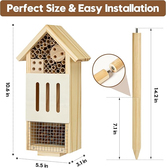 Bee House Bug Hotel & Butterfly House with Stake, Handcrafted Wooden Ladybug Hotel, Natural Insect Habitat for Garden, Patio, or Yard, Attracts Pollinators, 10.4 x 5.5 x 3.2 Inches,14 inches Stake