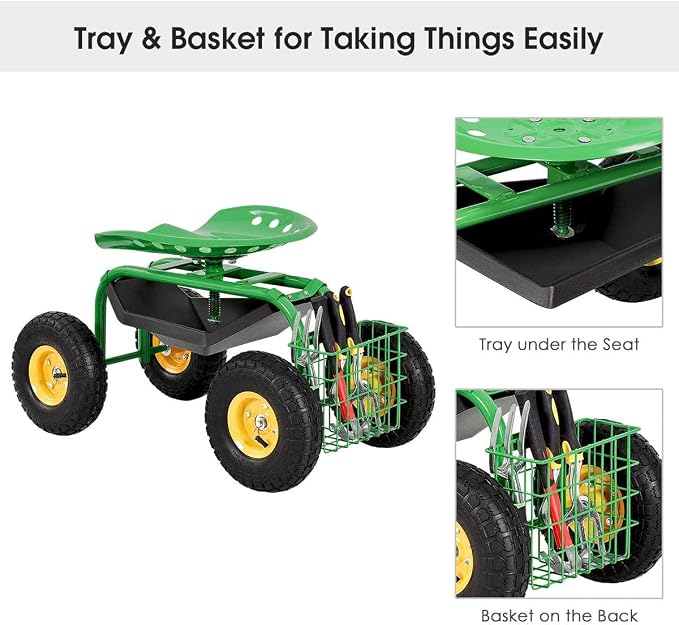 S AFSTAR Rolling Garden Seat, Outdoor Lawn Yard Patio Work Seat with Heavy Duty Wheels, Swivel Seat, Tool Tray & Basket, Garden Cart Wagon Scooter (Green)