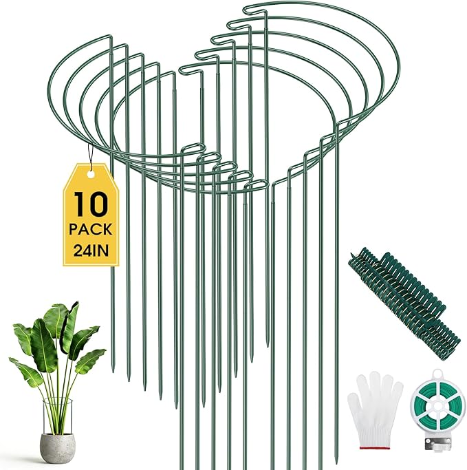 Unves 10 Pack Peony Cages and Supports, 10" W x 24" H Metal Plant Support Stakes, Half Round Peony Cage for Outdoor Plants, Garden Plant Stakes for Peony Tomato with Clips, Ties and Gloves