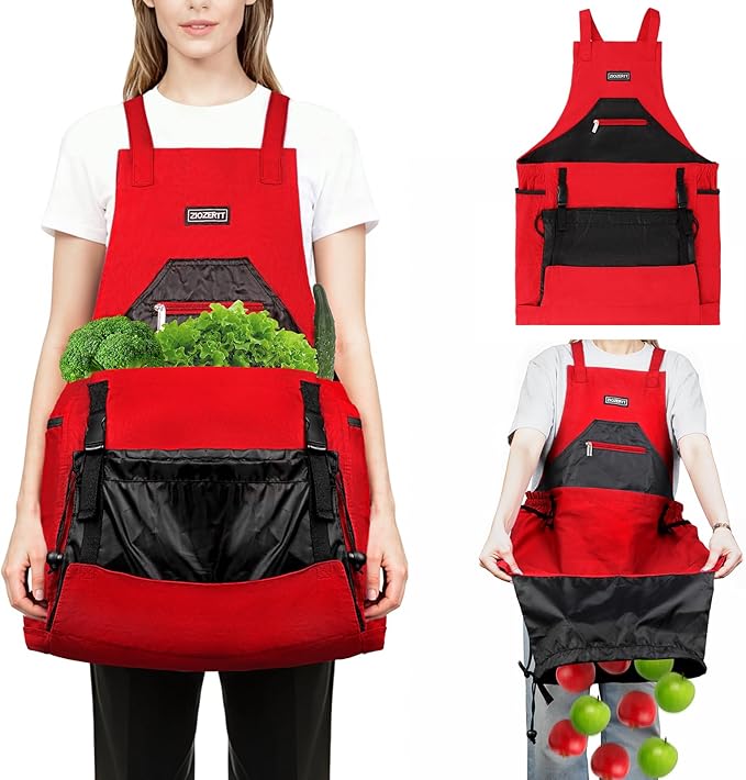 Garden Apron,Harvest Aprons with Drawstring Bag and Pockets for Women and Men,Canvas Fruit Picking Apron