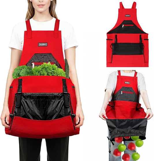 Garden Apron,Harvest Aprons with Drawstring Bag and Pockets for Women and Men,Canvas Fruit Picking Apron