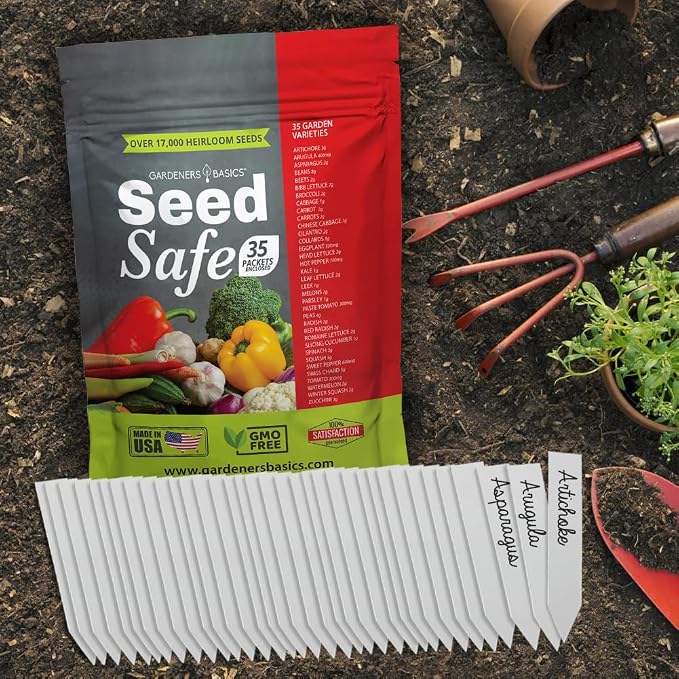 Gardeners Basics Seed Safe Kit - 35 Easy to Grow Heirloom Vegetable Seeds for Beginners - Non GMO Garden Starter Set with 17,000+ Seeds - Gardening Gift for Families