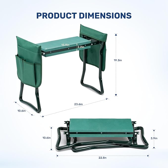 InfiniPower Garden Kneeler and Seat, Foldable Kneeling Bench with Sturdy Soft EVA Foam Pad, Hold Up to 330lb, 2 Tool Pouches Included, for Gardening, Fishing, Camping, Green