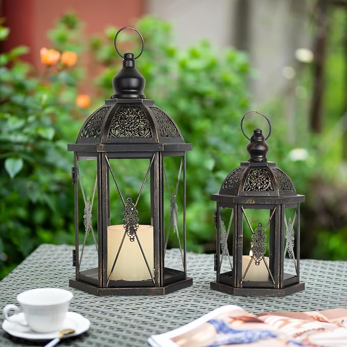 Large Lantern Decorative Outdoor & Indoor, Set of 2 (15’’&10’’) Metal Candle Lanterns Decor, Vintage Hanging Candle Holder for Front Porch Patio Wedding Farmhouse Home, Spring Decoration