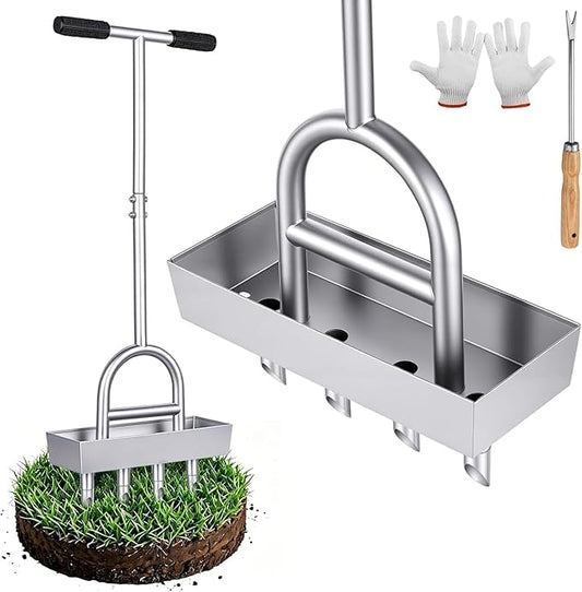 Lawn Coring Aerator, Manual Lawn Aerator Tool with 4 Stainless Steel Plug Corer, Pre-Assembled Grass Aerating Tool with Soil Core Storage Tray for Yard Garden Compacted Soil & Lawn Care
