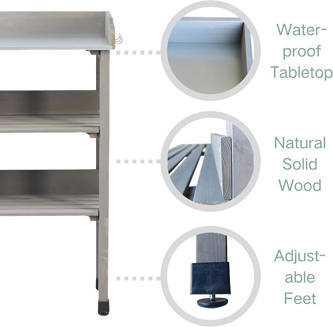 30" Outdoor Potting Bench Table with Metal Tabletop, Wooden Potting Table, 3 Tier Garden Work Bench Shelf with Hooks & Adjustable Feet for Patio Porch Balcony, Grey