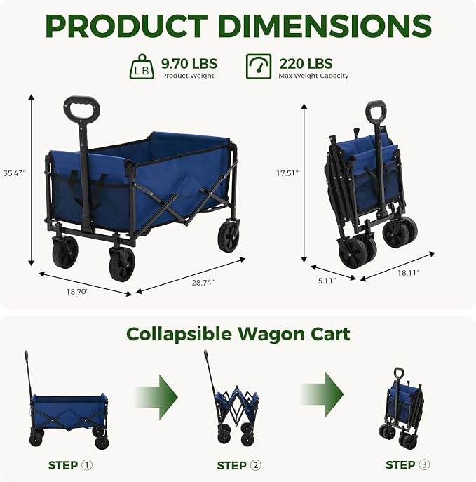 OLIXIS Collapsible Wagon 67L Compact Lightweight Utility Folding Wagon Cart with Wheels – 220 lbs Weight Capacity, Flexible Handle for Beach, Grocery, Camping, Shopping, Sports & Garden, Blue