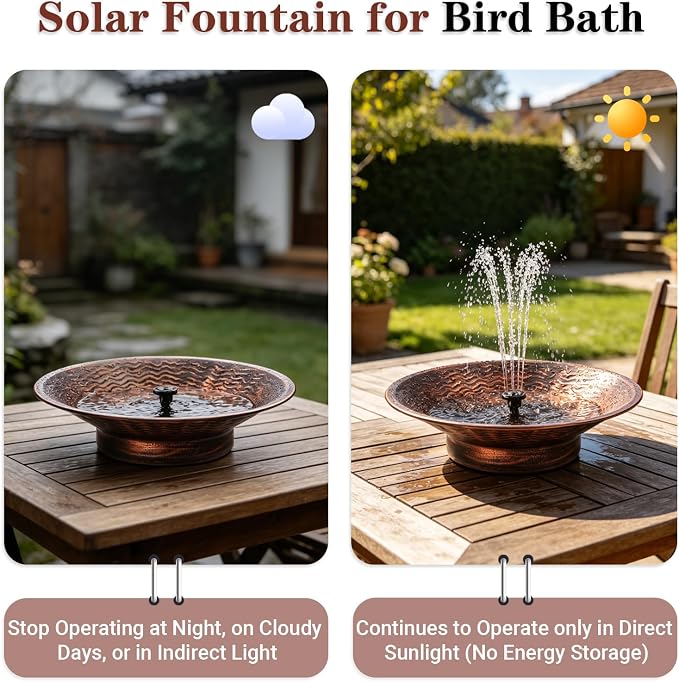 Solar Bird Bath for Outside, 12.4” Outdoor Metal Bird Bath Fountains, Solar Powered Water Fountain for Outdoors Garden Patio Lawn Ground Tabletop Decor (Brown)