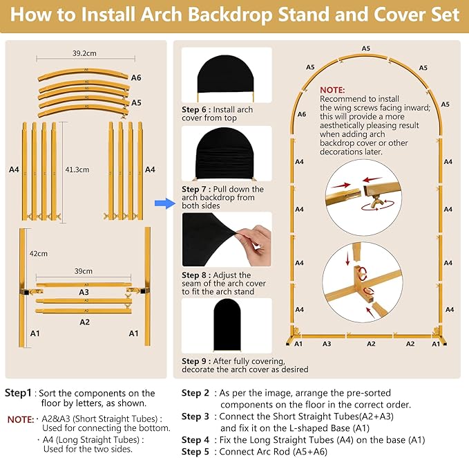 Metal Arch Backdrop Stand and Cover Set, 7.2FT Gold Wedding Backdrop Arch Frame Stand with Cover, Balloon Arch Stand with Black Arch Cover for Party Birthday Baby Shower Graduation Decorations