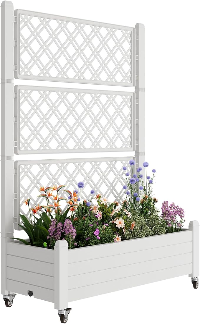 Resin Raised Garden Bed with Trellis and Wheels - Plasitc Planter Box with Trellis Outdoor with Drainage Holes & Water Monitor for Climbing Plants, Flower, Cool White(61.2" H)
