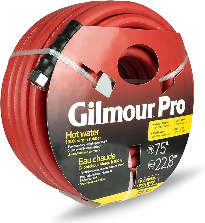 Gilmour Pro Rubber Hot Water Garden Hose – 5/8" x 75', Kink-Resistant, 400 PSI, Brass Fittings, Flexible in Cold, USA Made
