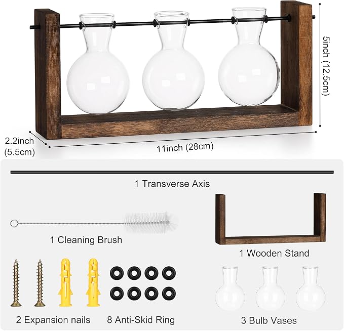 YIBOT Wall Hanging Planter Propagation Station 3 Bulb Glass Flower Vase | Plant Terrarium with Wooden Stand, Hydroponics Plants, Bathroom, Home Office Living Room Decor Gift