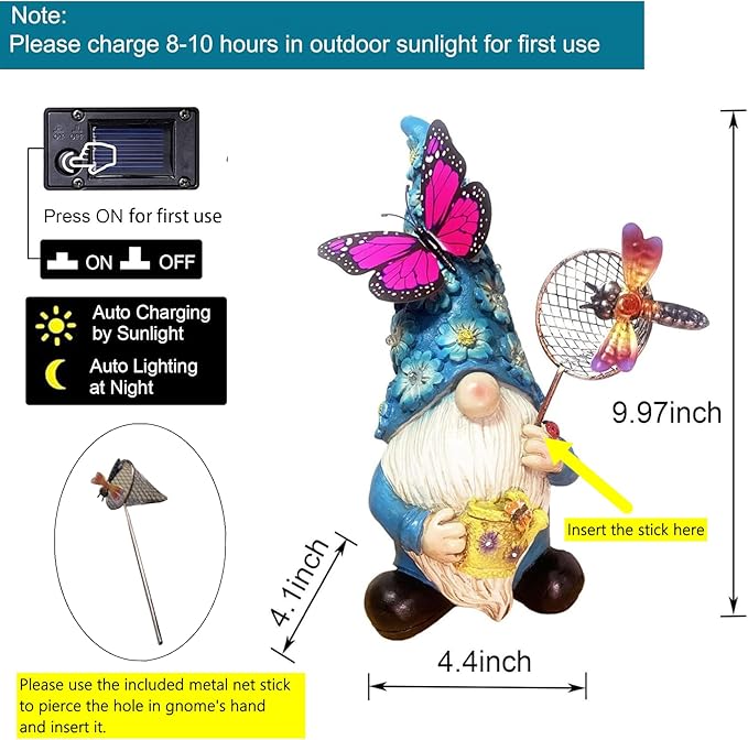 Garden Gnome Statues Outdoor Decor Solar Gnomes with Butterfly on LED Lighted Flowers, Resin Blue Gnomes Sculpture for Patio Yard Lawn Onament Decoration