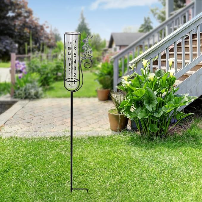 Stargarden Rain Gauge Outdoor, Rabbit Rain Gauge with Metal Stake, Decorative Rain Measure Tool for Lawn, Garden, Outdoor