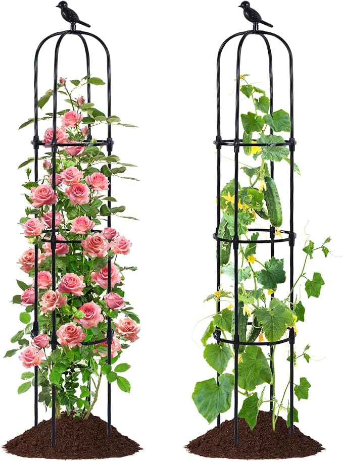 FOLLOOK Garden Obelisk Trellis for Climbing Plants Outdoor, 67 Inch Lightweight Round Plant Support for Roses Clematis Cucumber Vines Raised Garden Bed Planter, Black, 2 Pack