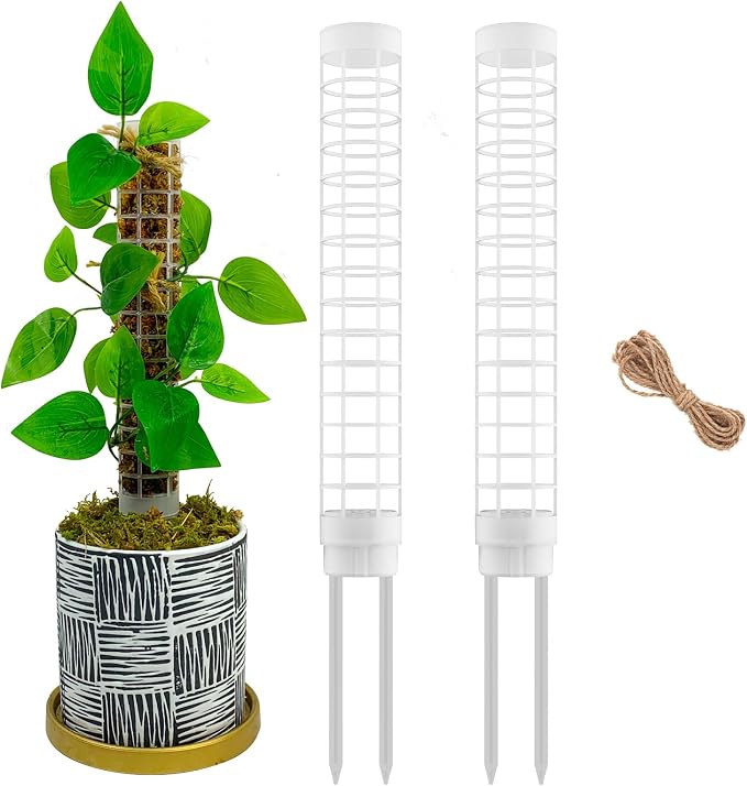 Small Moss Pole for Monstera - Stackable & Refillable Plastic Moss Poles for Climbing Plants with Large Mesh Design (2Pack-White-Small)