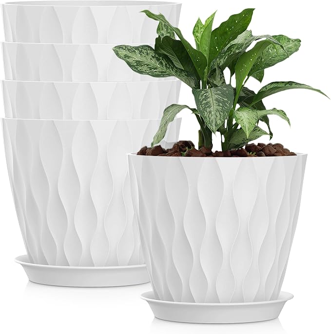 8 Inch Plastic Plant Pots,Set of 5 Flower Pots,Planters with Drainage Holes & Saucers, Indoor Outdoor Garden Pots for Home Decor(White)