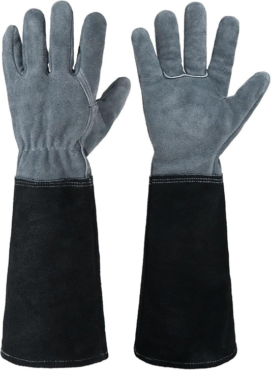 HANDLANDY Long Gardening Gloves for Men & Women, Cowhide Leather Rose Pruning Gloves, Breathable Thorn Proof Gauntlet Glove (Slate Gray, M)